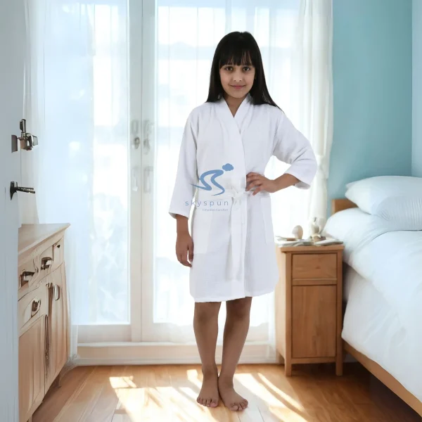 Skyspun White Waffle Kids Bathrobe (Unisex) With Cobalt