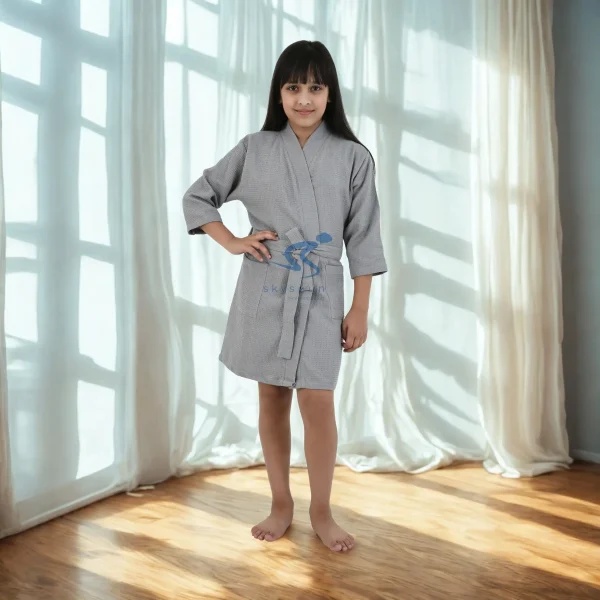 Skyspun LightGery Waffle Kids Bathrobe (Unisex) With Cobalt