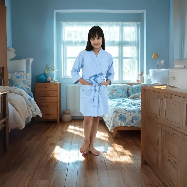 Skyspun SkyBlue Waffle Kids Bathrobe (Unisex) With Cobalt