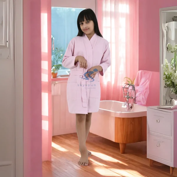 Skyspun Pink Waffle Kids Bathrobe (Unisex) With Cobalt