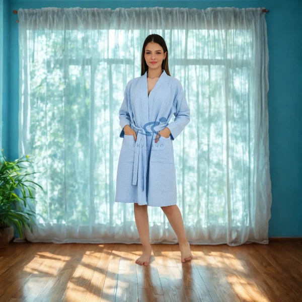 Skyspun SkyBlue Waffle Bathrobe (Unisex) With Cobalt